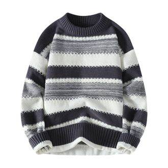 Generic Mens Round Neck Jumper - Warm Striped Casual Large Size Long Sleeve Sweater Chic and Elegant Vintage Loose Pullover Versatile Couple Sweater for Autum