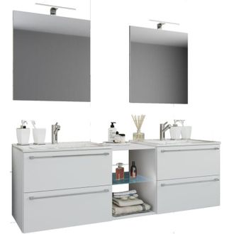 VCM 3 Pcs Set 2 Lavabo, 2 Espejos, 2 Lavabos, 1 Compartimento Medio Lavabo De Cer&aacute;mica Gabinete Inferior 155 Cm Mueble De Ba&ntilde;o Set De Lavadero Doble - Bad