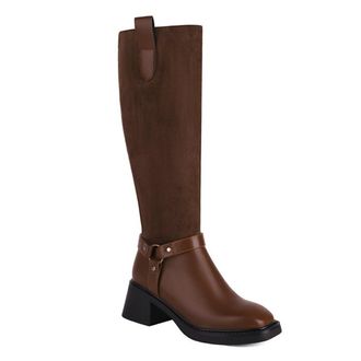 Generic Womens Fashion Buckle Knee High Boots Round Toe Low Block Heels Side Zipper Versatile Motorcycle Shoes (Brown,5.5)