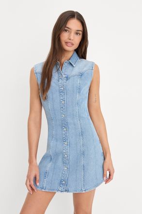 Good American Womens Dolly Sleeveless Denim Mini Dress | Light Blue, Size Medium | Good American by Khlo&Egrave; Kardashian