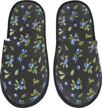 Generic Cotton Slippers Blueberries Leaves Print Anti-Skid Sliders Comfy Slippers For Bedroom Hotel Trip M