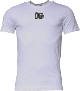 Dolce & Gabbana Mens Embellished Logo Short Sleeve Tee - White Cotton - Size EU 46 (Mens)
