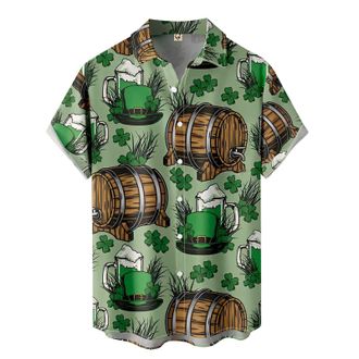 Generic St Patricks Day Hawaiian Shirts for Men Green Clover Shamrock Printed Button Down Shirts Short Sleeve Smart Casual Floral Linen Shirt Green Funny Iris