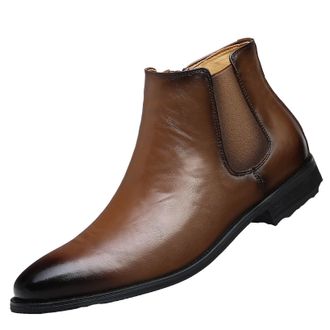 Generic Mens Flat Heel Chelsea Ankle Boots Pointed Toe Short Boots PU Leather Office Dress Shoes with Side Zipper,Yellow,8.5 UK