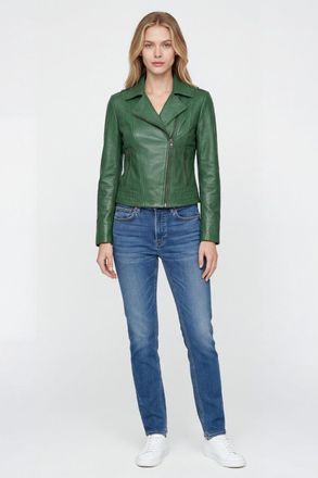 Elle Womens Armin Leather Biker Jacket in Forest Green - Size 14 UK