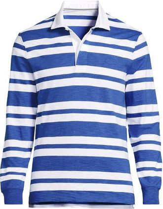 Lands End Long Sleeve Lightweight Slub Rugby Polo in Muted Cobalt Blue/white Stripe at Nordstrom, Size Xx-Large