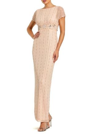 Mac Duggal Beaded Blouson Short Sleeve Column Gown in Rose at Nordstrom, Size 10