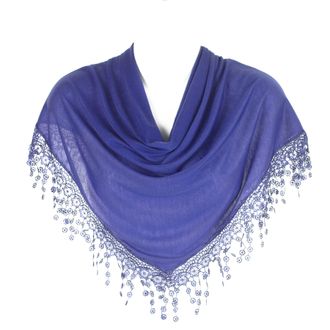 Hat To Socks Triangle Scarf with Bobbin Lace Fringes for Women (Blue)