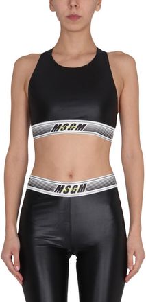 Msgm Black Logo Round Neck Top