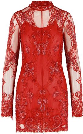 Blumarine Short Lace Dress With Red Embroidery