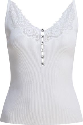 Self Portrait Ribbed Tank Top With Lace Neckline Top Bianco-Donna