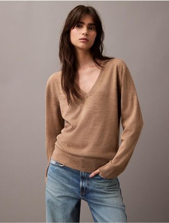Calvin Klein Womens Extra Fine Merino Blend V-Neck Sweater - Brown - XS