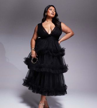 Lace & Beads Plus Vestito nero in tulle a balze con volant e gonna al polpaccio