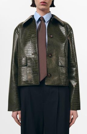 Mango Nilo Croc Embossed Faux Leather Jacket in Khaki Green at Nordstrom, Size Xx-Large