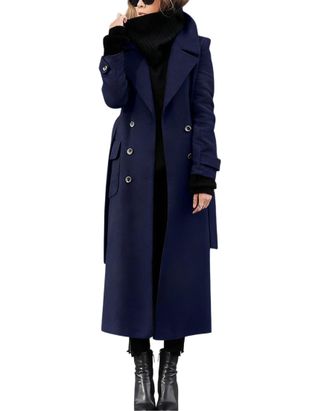 Generic Wool Coat for Women Long Overcoat Jackets Classic Woolen Double Breasted Trench Coats with Belt Classic Lapel Collar Peacoats with Pockets Autumn Wint