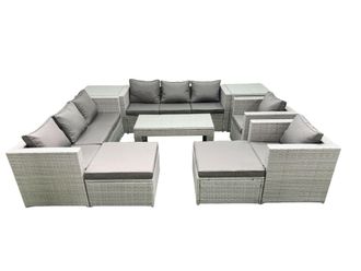 Fimous Outdoor Garden Furniture Rattan Sofa Set with 2 Armchairs Oblong Coffee Table 2 Big Footstools 2 Side Tables Light Grey Mixed