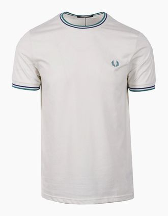 Fred Perry Mens FRED PERRY TWIN TIPPED T-SHIRT SNOW WHITE/DEEP MINT/SOHO ECLIPSE - Snow White Deep Mint Soho Ecli - Size: 40