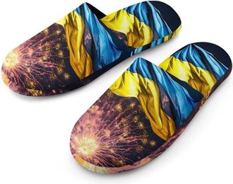 Generic Ukraine Flag And Fireworks Mens Slippers Flannel Warm House Shoes with Rubber Anti-Slip Sole Slip On for Home Outdoor