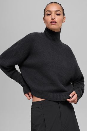 Alo | Wool Cashmere Cropped New Class Turtleneck Sweater Top in Black, Size: Medium