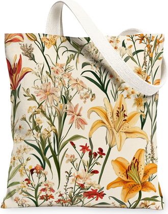 Generic Spring Lily Flower Canvas Tote Bag for Shopping 13x15, Vintage Wildflower Florals Reusable Grocery Print Pattern Bag for Women, Aesthetic Beach Aesthe