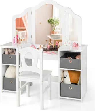 Costway Kids Vanity Desk & Chair 2 in 1 Makeup Pretend Play Table-White + Gray
