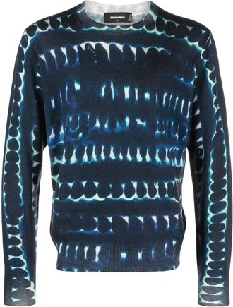 Dsquared2 Sweater Mens Blue White Tie-Dye Wool Crew Neck Long Sleeve RED08