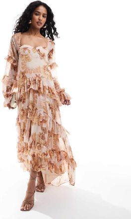 Asos Vestito lungo marrone a balze con stampa a fiori, spalle scoperte, orlo asimmetrico e volant-Multicolore