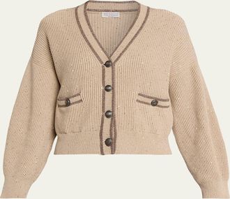 Brunello Cucinelli Paillette English Rib V-Neck Cardigan