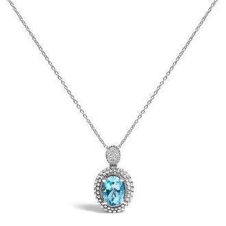 House of Brilliance Silver Oval Blue Topaz and Diamond Accent with Beaded Halo Pendant Necklace in White at Nordstrom