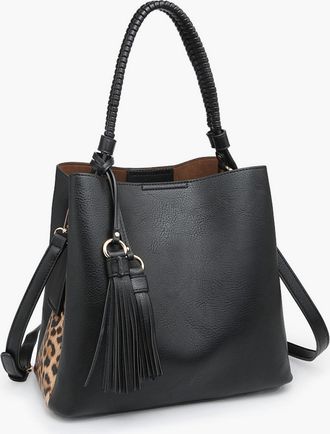 Jen & Co. Womens Olivia Animal Print Contrast Hobo Bag In Black/leopard