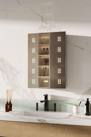 Living and Home Vertical Strip LED Anti-Fog Bathroom Mirror Cabinet with Sensor Switch and Clock in Silver