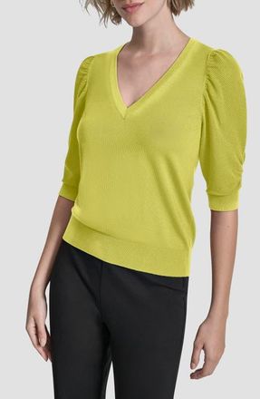 DKNY Puff Sleeve V-Neck Sweater in Limeade at Nordstrom, Size X-Small