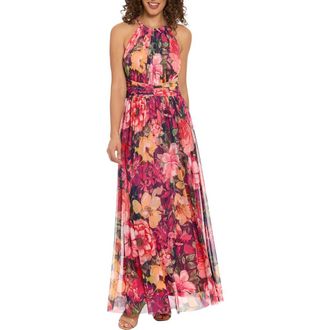 London Times Floral Mesh Maxi Dress in Navy/Snapdragon at Nordstrom Rack, Size 14