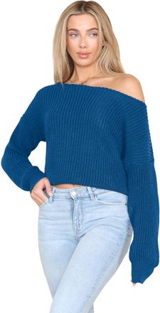 Janisramone Womens Long Sleeve Off Shoulder Jumper, Slash Neck Cable Knitted Cropped Pullover Sweater, Winter Oversized Baggy Ladies Jumpers Teal