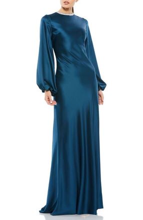 Mac Duggal Beaded High Neck Bishop Sleeve Satin Gown in Sapphire at Nordstrom, Size 14