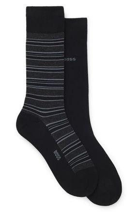 BOSS Assorted 2-Pack Solid & Stripe Cotton Blend Dress Socks in Black at Nordstrom