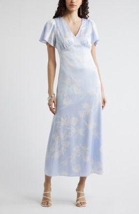 Chelsea28 Flutter Sleeve Satin Maxi Dress in Blue Bohem Shadow at Nordstrom, Size Xx-Small
