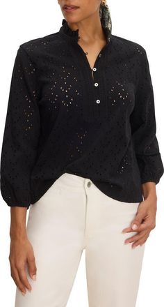 Nic+Zoe Eyelet Embroidered Ruffle Trim Cotton Top in Black Onyx at Nordstrom, Size Xx-Large