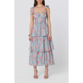 ASTR the Label Tiered Tie Strap Sundress in Blue Coral Floral at Nordstrom Rack, Size X-Small