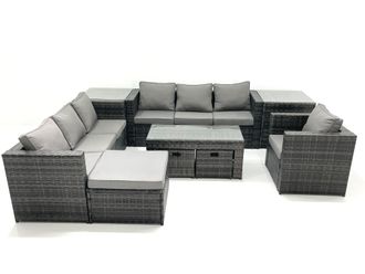 Fimous Outdoor Garden Furniture Set 10 Seater Rattan Sofa Set with Coffee Table 3 Big Footstools Armchair 2 Side Tables Dark Grey Mixed