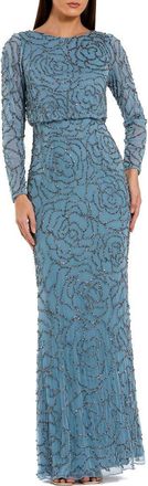 Mac Duggal Long Sleeve Floral Beaded Blouson Gown in Smoky Blue at Nordstrom, Size 16