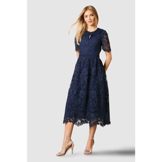Oasis Occasion Lace Collared Midi Dress in Navy at Nordstrom, Size 4