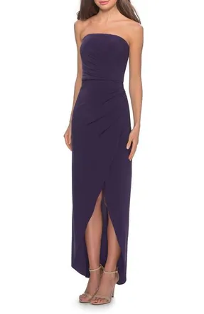 La Femme Long Strapless Jersey Dress with Side Ruching in Dark Purple at Nordstrom, Size 14