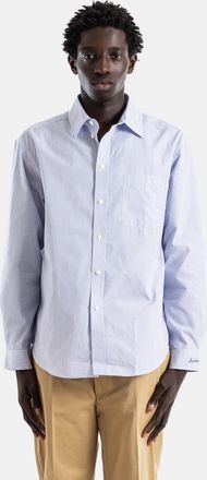 Burberry Mens Riordan Script Logo Sky Blue White Stripe Cotton Poplin Shirt Gray