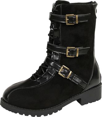 Generic Black Ladies Everyday and Casual Versatile British Style Round Toe British Style Belt Buckle Middle Tube Color Blocked Belt Sleeve Boots Perfect for C