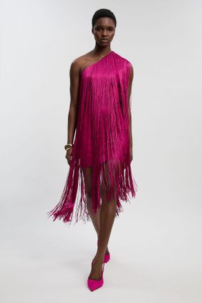 Karen Millen Womens Figure Form Bandage One Shoulder Fringe Mini Knit Dress - Purple - Size 10 UK