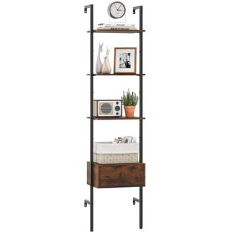 Costway Libreria a Scala a 5 Ripiani con Cassetto in Tessuto, Scaffale da Parete Salvaspazio in Legno, Scaffale Portaoggetti per Soggiorno, Studio e