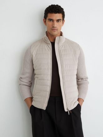 Reiss Oatmeal Quilted Hybrid Zip-through Jacket, Xxl