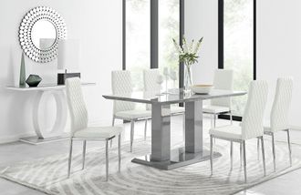 Furniturebox Imperia Grey Modern High Gloss Dining Table & 6 Milan Dining Chairs Set in Off-White
