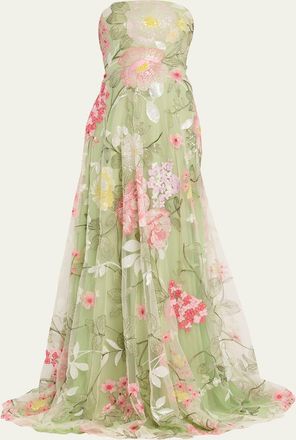 Naeem Khan Strapless Floral Embroidered Tulle Gown